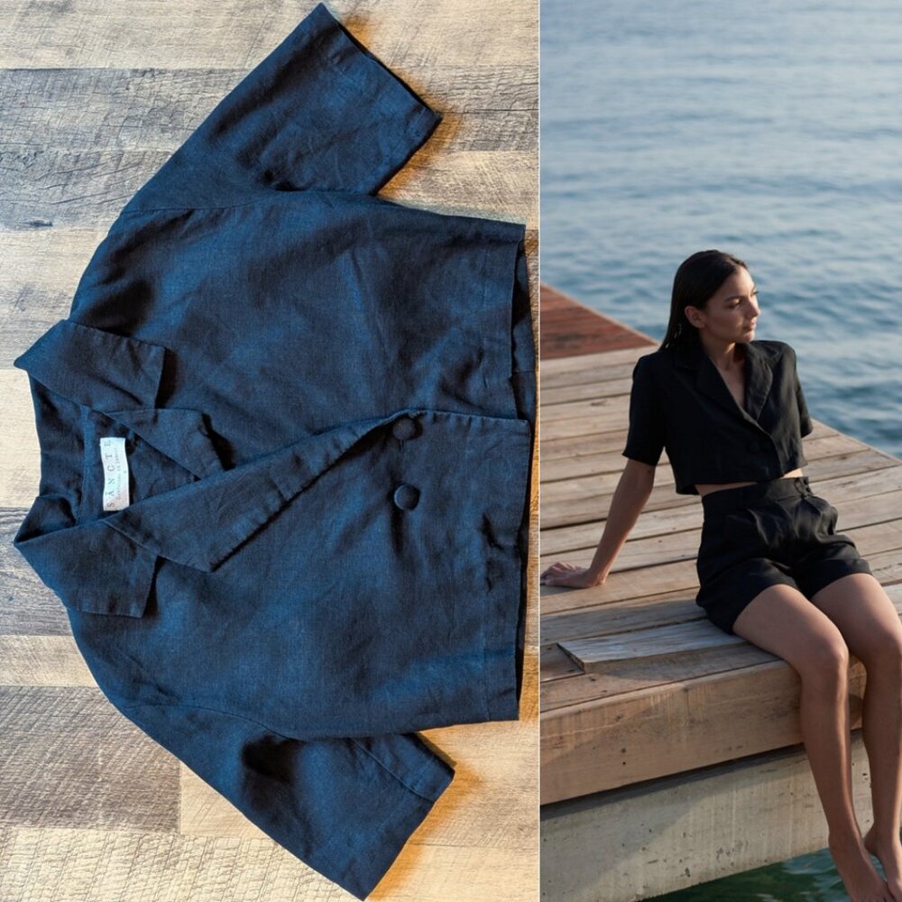Sancte Cropped Blazer Short Sleeves Black Linen Macavi Small